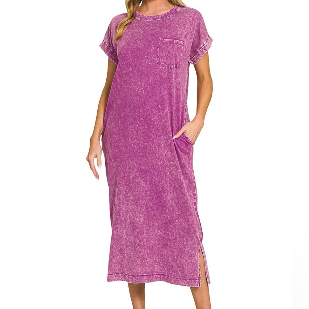 NWT Zenana Plum Purple Acid Wash Short Sleeve Midi Length T-Shirt Dress